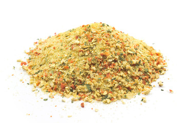 Grounded spice ingredient of dry mix of vegetables isolated on white