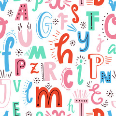 Cute English hand written alphabet, vintage vector seamless pattern. Lowercase and uppercase letters, fine for card, lettering, poster - 168587857