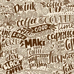 Wallpaper murals Coffee Seamless lettering coffee pattern with quotes. Hand drawn vector illustration