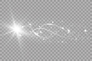 Abstract vector glowing magic star light effect from the neon blur of curved lines. Glittering stars dust trail from the side.flying comet on a transparent background.