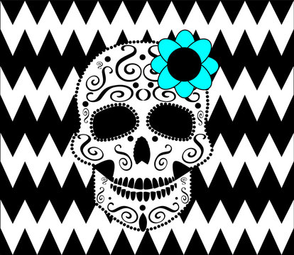 Skull vector with zigzag background and flower, black and white 