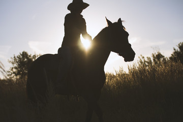 Silhouette of a woman riding a horse - sunset or sunrise, horizontal