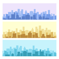 Blue and yellow daytime urban cityscape set. City landscapes or town construction vector backgrounds