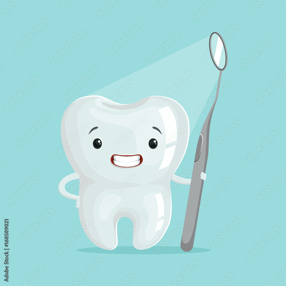 Wall mural Cute cartoon tooth character with dental tool, childrens dentistry concept vector Illustration