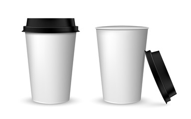 Blank realistic coffee cup mockup. Realistic paper coffee cup set. Paper cups isolated on white.