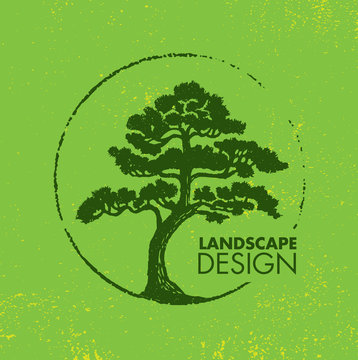 Landscape Design Eco Organic Tree Sign Rough Vector Design Element On Grunge Background.