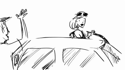 Glamorous Woman in the car. Man waving at her Vector sketch for storyboard, cartoon, projects