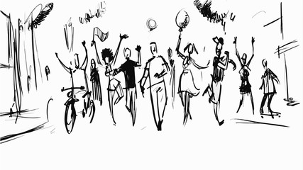 People partying in the street. City life Vector sketch for storyboard, cartoon, projects - 168589488