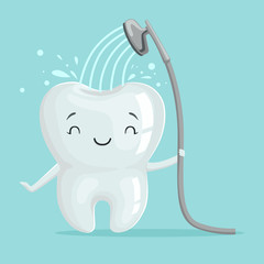Cute smiling healthy white cartoon tooth character taking a shower, oral dental hygiene, childrens dentistry concept vector Illustration