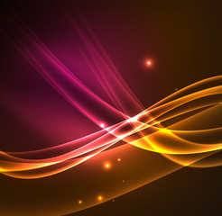 Energy lines, glowing waves in the dark, vector abstract background