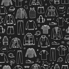 Men's Clothing and accessories. Chalk drawing style. Hand drawn seamless pattern