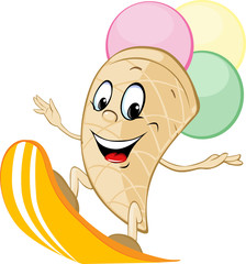 cute ice cream cartoon surfing isolated - vector illustration