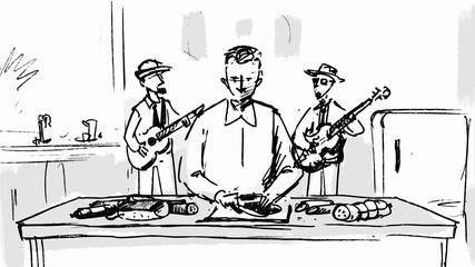 Man preparing dinner in the kitchen and another men playing the guitar Vector sketch for storyboard, cartoon, projects