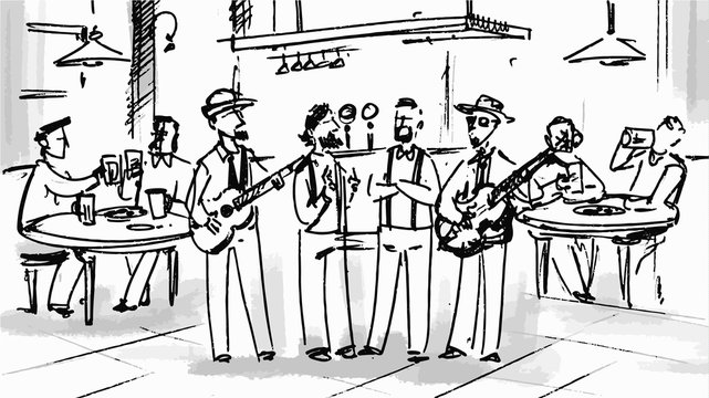 Band playing the guitar in a restaurant Vector sketch for storyboard, cartoon, projects