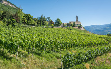 the Church of the idyllic village of Cortaccia. Cortaccia extends on the sunny side of the wine road. South Tyrol, Italy.
