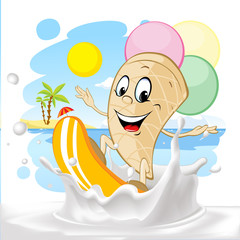 cute ice cream cartoon surfing on milk splash, summer beach background - vector illustration