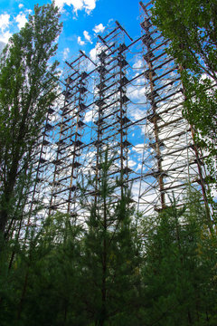 Large field of the looted antenna of the military object of the PRO of the USSR. Dead military unit. Consequences of the Chernobyl disaster, August 2017.