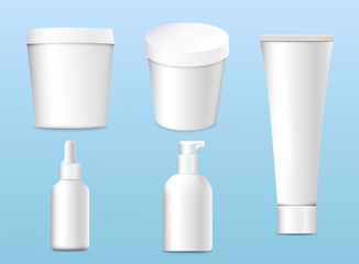 Mockup of realistic 3d cosmetics products for your design, on a background cartoon leaf. Vector illustration.