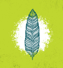 Ethno Tribal Feather Creative Vector Illustration On Rough Background. Stylish Handmade Design Element