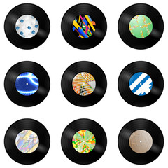 New gramophone vinyl record with red label. Black musical long play album disc 33 rpm. old technology, realistic retro design, vector art image illustration, isolated on white background