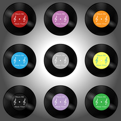 New gramophone vinyl record with red label. Black musical long play album disc 33 rpm. old technology, realistic retro design, vector art image illustration, isolated on white background