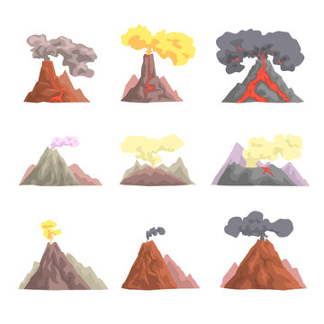 Volcano Eruption Set, Volcanic Magma Blowing Up, Lava Flowing Down Cartoon Vector Illustrations