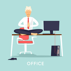 Businessman meditates on the desktop, office, work, business, money. Flat design vector illustration.