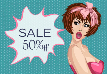 Pop art comic style surprised woman with sale speech bubble, pin up girl portrait, vector illustration
