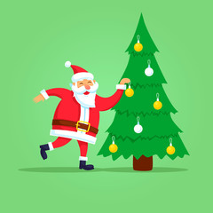 Santa Claus hanging toys on the Christmas tree. Merry Christmas and happy New Year. Flat design vector illustration.