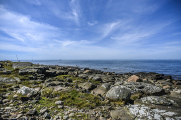 Stony coast of Sweden in Varberg, sunny day, summer time.