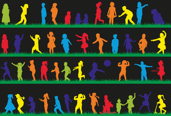 isolated, a collection of silhouettes of children, childhood, playing on the grass