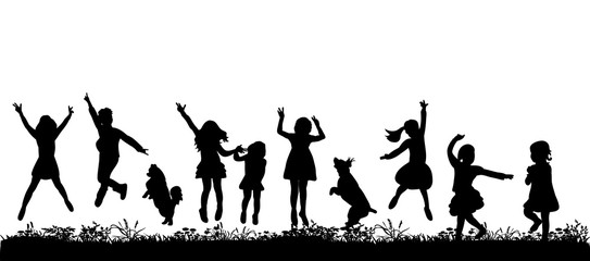 Vector, isolated silhouette of children jumping with dog
