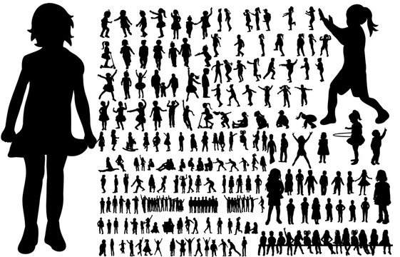 Vector, isolated, a collection of silhouettes of children, childhood, play