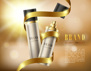 Vector 3D illustration poster with cosmetic premium products for face, body or hair. Silver spray bottles in a realistic style on background with golden ribbon and bokeh effect