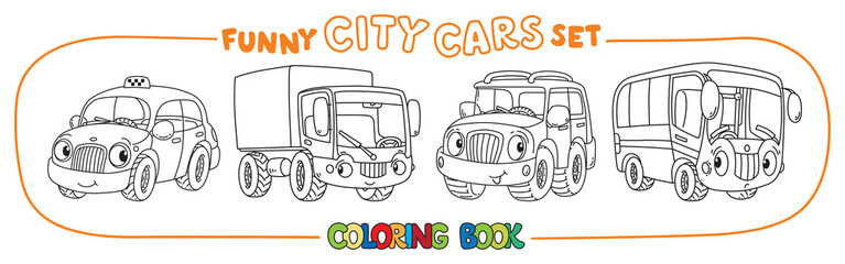 Funny small cars with eyes. Coloring book set