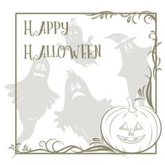 Background for Holiday Halloween Design, Cartoon Ghosts Silhouettes and Pumpkin Jack O Lantern Contours. Vector