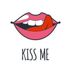 Lips kiss. patch, sticker isolated on white. Cool sexy red kissed. Selphie cartoon Sign for print, in comics, Fashion, pop art, retro style 80-s 90s