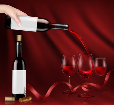 Vector illustration, bright realistic poster with a hand holding a glass wine bottle and pouring red wine into a glasses. Template, moc up for advertising, design, branding