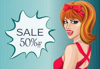 sale banner pop art comic style surprised woman with speech bubble, pin up girl portrait, vector illustration