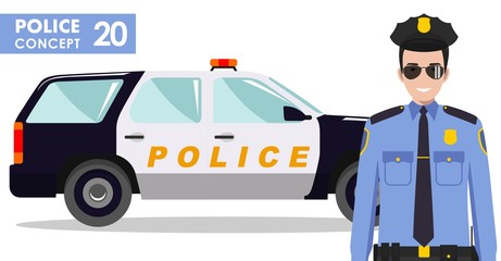 Police concept. Detailed illustration of policeman and car in flat style on white background. Vector illustration.