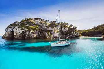  Beautiful bay with sailing boats, Mediterranean sea. Menorca island, Spain © kite_rin