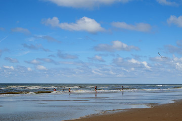 Sea beach and people entering water.