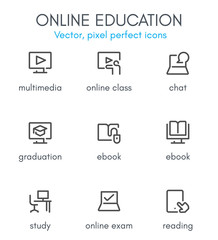 Online education theme, line icon set.