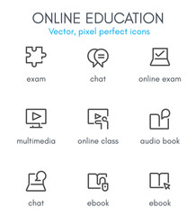 Fototapeta premium Online education theme, line icon set.