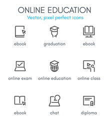Online education theme, line icon set.