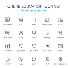 Online education theme, line icon set