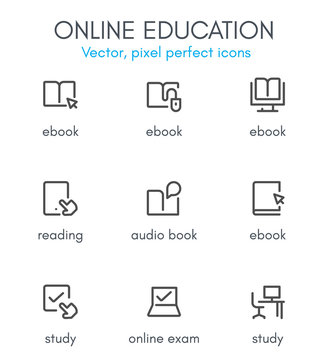 Online education theme, line icon set.