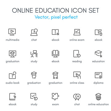 Online education theme, line icon set