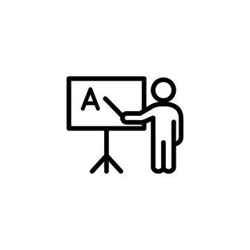 teacher with a pointer near the blackboard line black icon