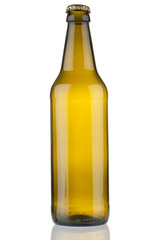 Empty beer bottle with cork on white background